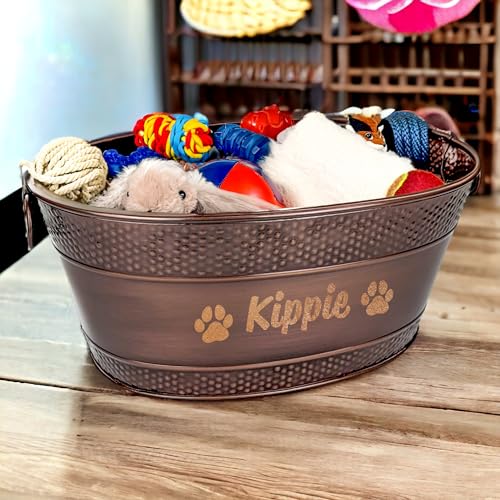 Personalized Metal Dog Toy Bin - Copper Galvanized Storage Bin with Handles, Basket for Pet Toys, Dog Toy Box, Pet Storage - Custom Dog Name Gift