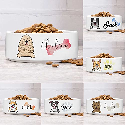 Custom Dog Bowl with Name & Breed Design - Ceramic Bowls with Cute Icons