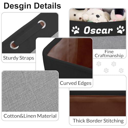 Zhamate Personalized Dog Toy Basket with Pet's Name, Custom Dog Toy Bin, Sturdy Foldable Collapsible Storage Box, Dog Toy Box with Handles for Dog Toys, Dog Clothing, Dog Apparel, Accessories (Black)