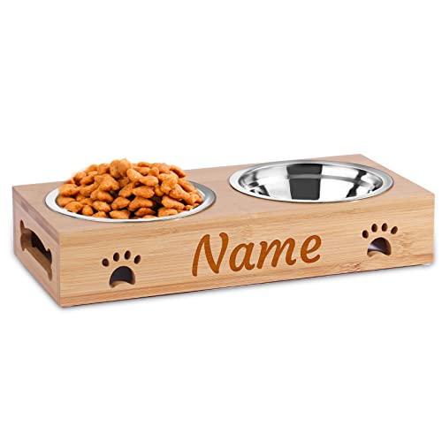 Custom Engraved Dog Bowl Set with Bamboo Stand