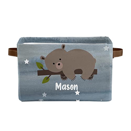 Deven Sleepy Bear Stars Watercolor Personalized Large Storage Baskets for Organizing Shelves with Handle,Closet Decorative Storage Bins for Toy, Bathroom,Nursery,Home 2 Pack
