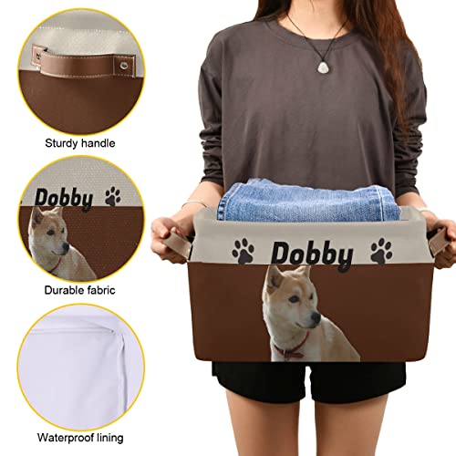 Custom Dog Toy Bin Personalized Toy Storage Basket Collapsible Pet Toy Basket with Leather Handles Puppy Supplies Organizer for Dog Toys, Clothing, Dog Apparel & Accessories, Brown