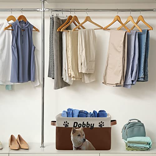 Custom Dog Toy Bin Personalized Toy Storage Basket Collapsible Pet Toy Basket with Leather Handles Puppy Supplies Organizer for Dog Toys, Clothing, Dog Apparel & Accessories, Brown