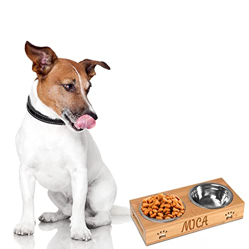 Custom Engraved Dog Bowl Set with Bamboo Stand