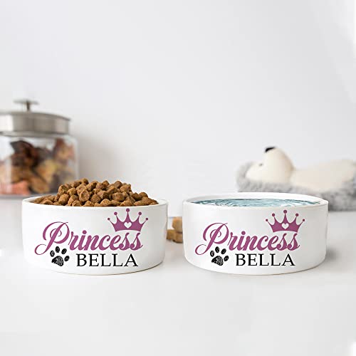 Personalized Ceramic Princess Dog Bowls - Custom Pet Bowl w/Crown, Paw Print & Customized Name Dog Bowl, Cute Dog Dish for Water, Dry & Wet Food, Dog Owners, Small & Large Sizes