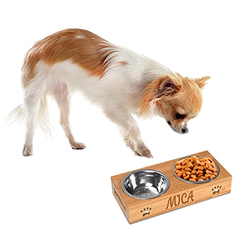 Custom Engraved Dog Bowl Set with Bamboo Stand