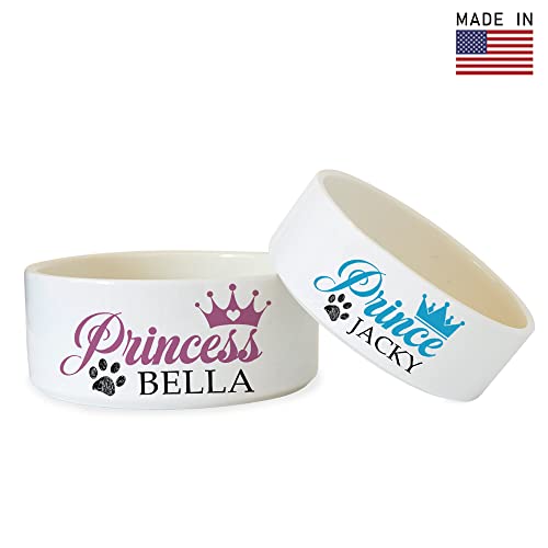 Personalized Ceramic Princess Dog Bowls - Custom Pet Bowl w/Crown, Paw Print & Customized Name Dog Bowl, Cute Dog Dish for Water, Dry & Wet Food, Dog Owners, Small & Large Sizes