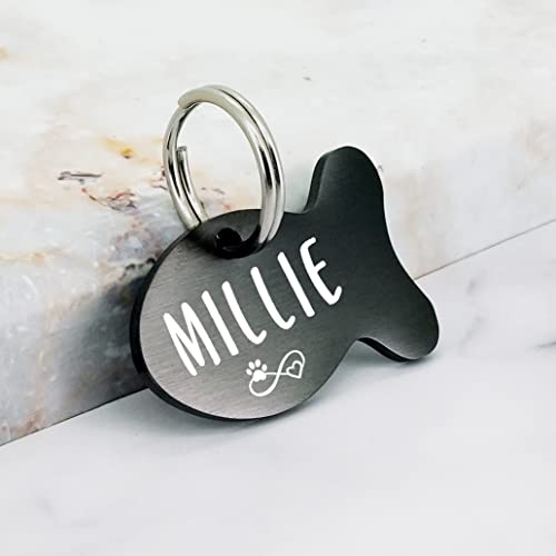 Personalized Stainless Steel Cat Name Tag with Fish Design