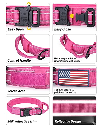 Pink Reflective Tactical Dog Collar with Handle & Patches