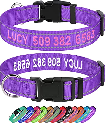 Taglory Custom Embroidered Reflective Dog Collar, Purple