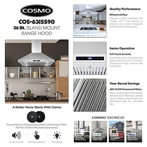 Island Range Hood with 3-Speed Fan, LED Lights