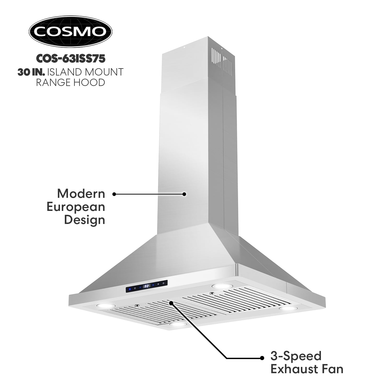 Stainless Steel Island Range Hood with LED Lighting
