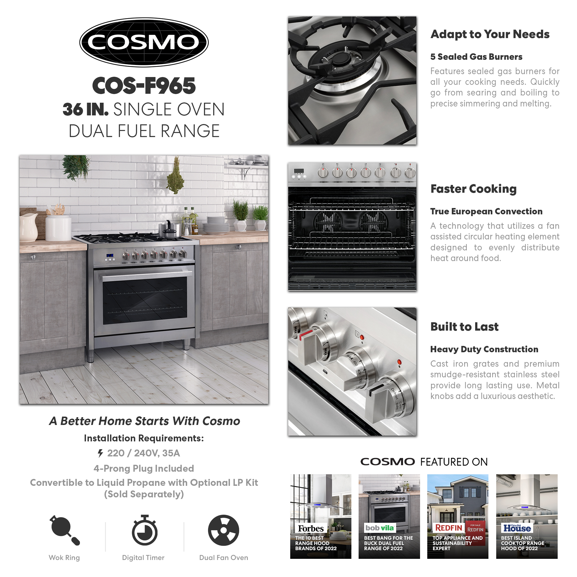 Cosmo 36" Commercial Dual Fuel Range in Stainless Steel