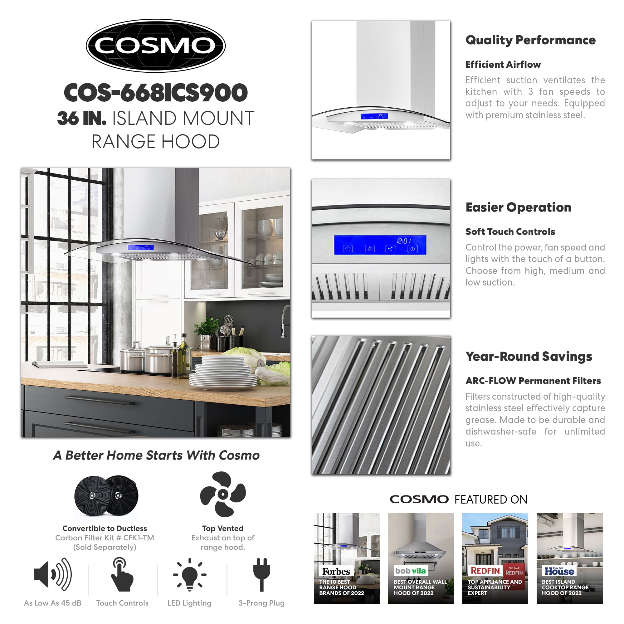 Stainless Steel Island Range Hood with LED Lighting