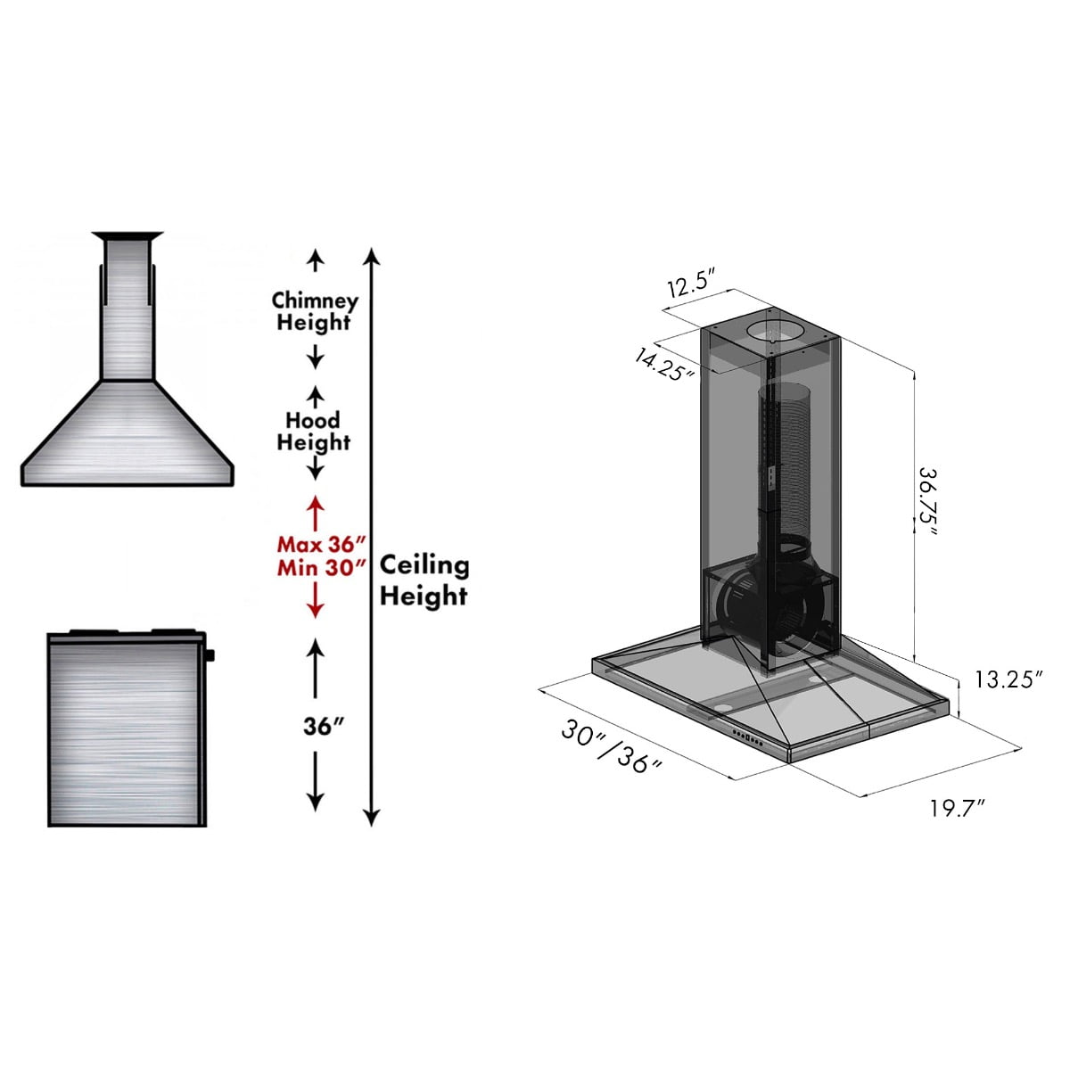 36" Gray Island Mount Range Hood with 760 CFM