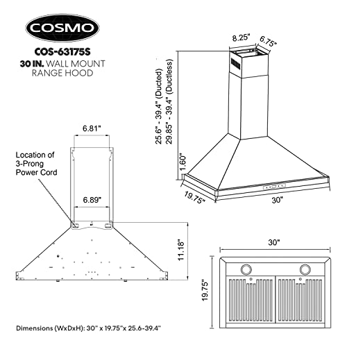 COSMO Wall Mount Range Hood Stainless Steel