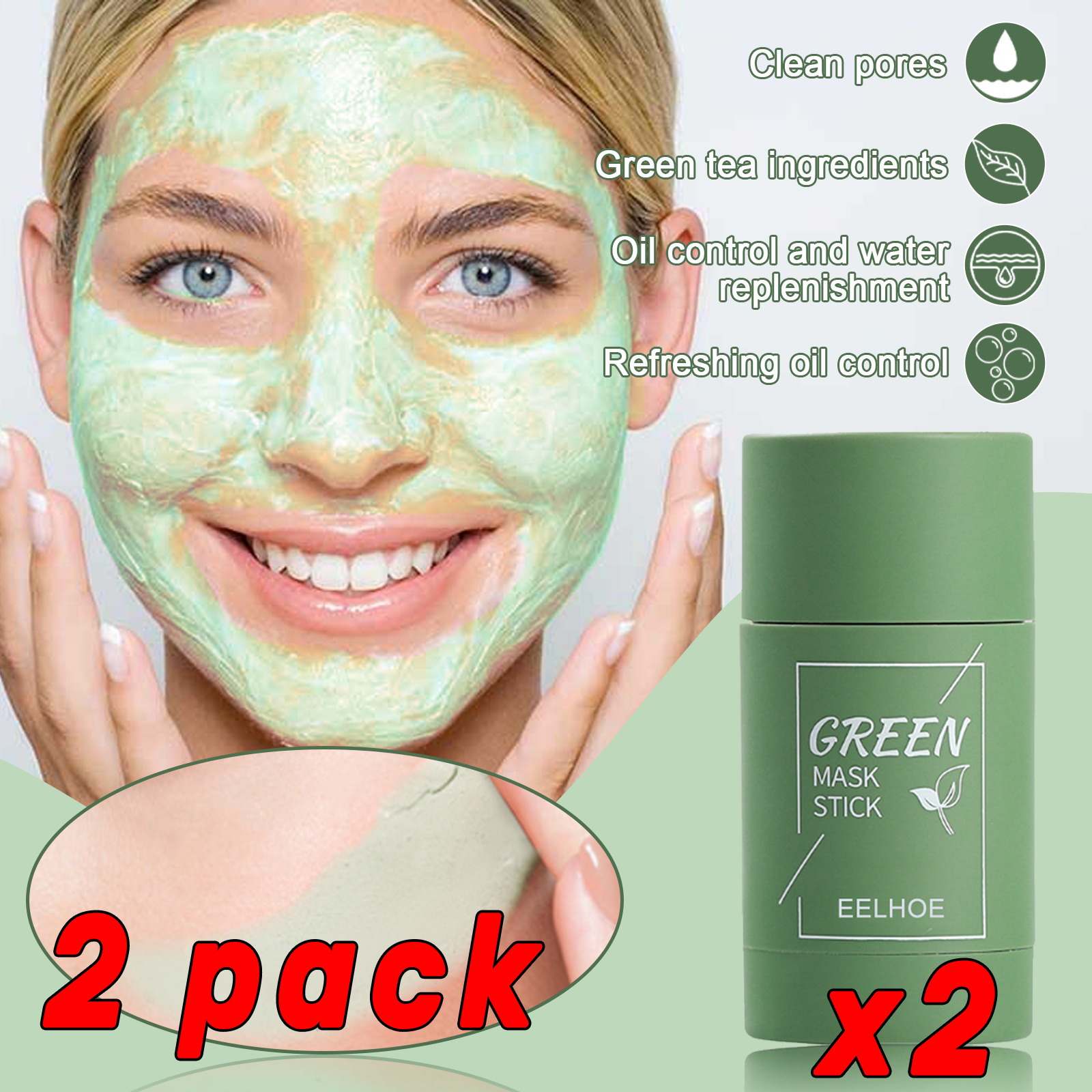 2 Packs Green Tea Oil Control Clay Stick Mask Anti-acne Poreless Deep Cleanse