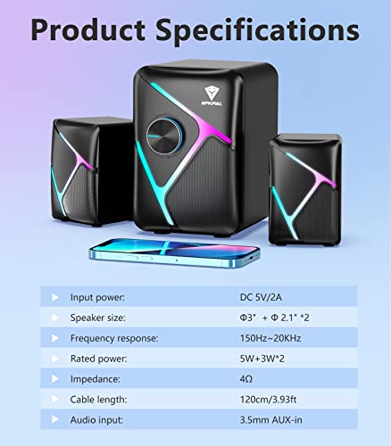 SPKPAL 2.1 RGB Desktop Speakers with Subwoofer