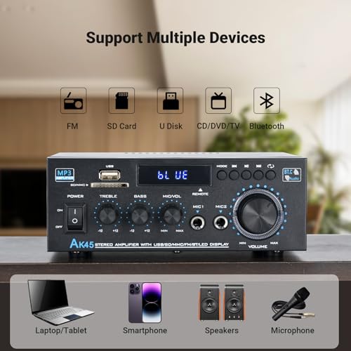 Bluetooth Stereo Amplifier 300Wx2 2-Ch Home Speaker System