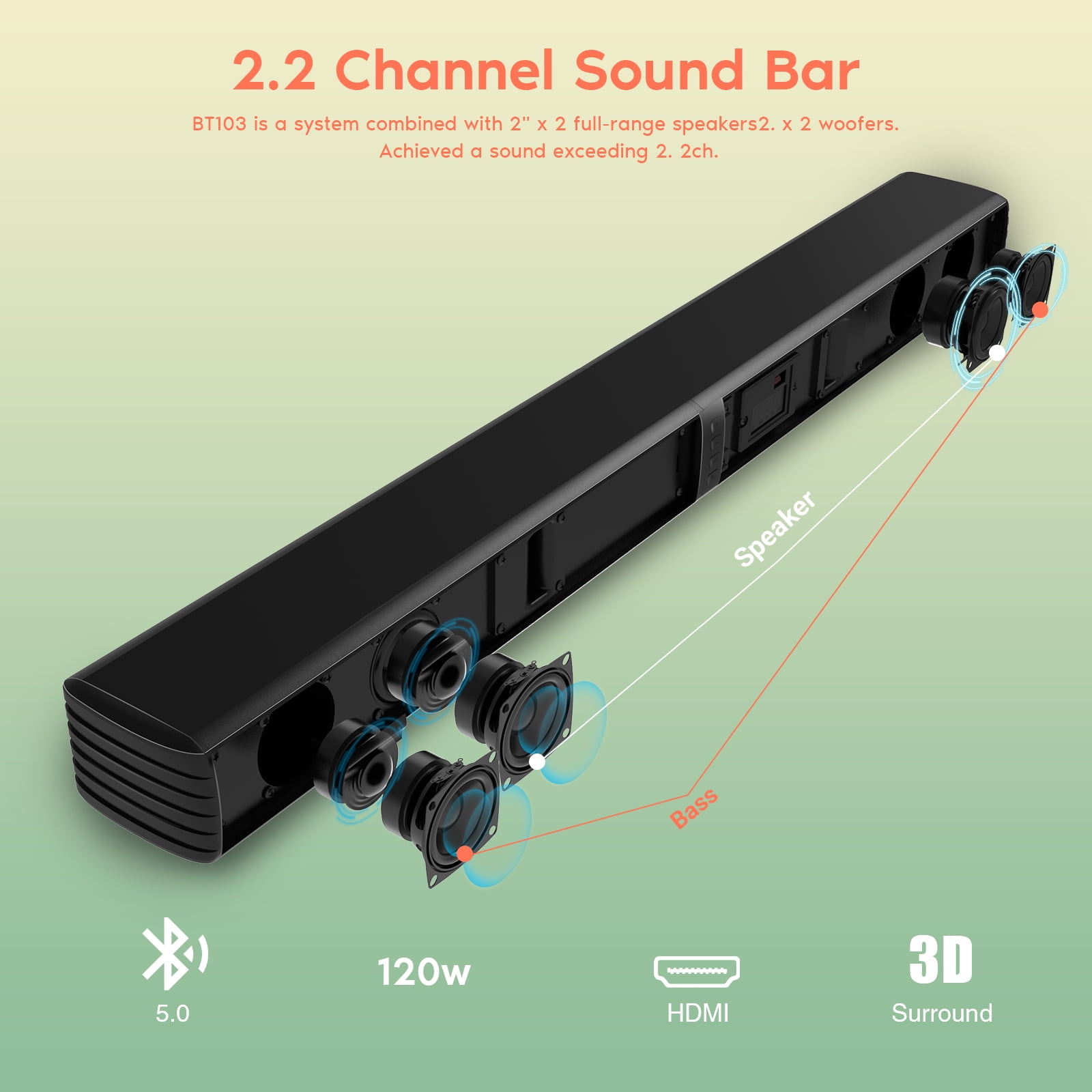 DR.J Soundbar with Subwoofer for TV