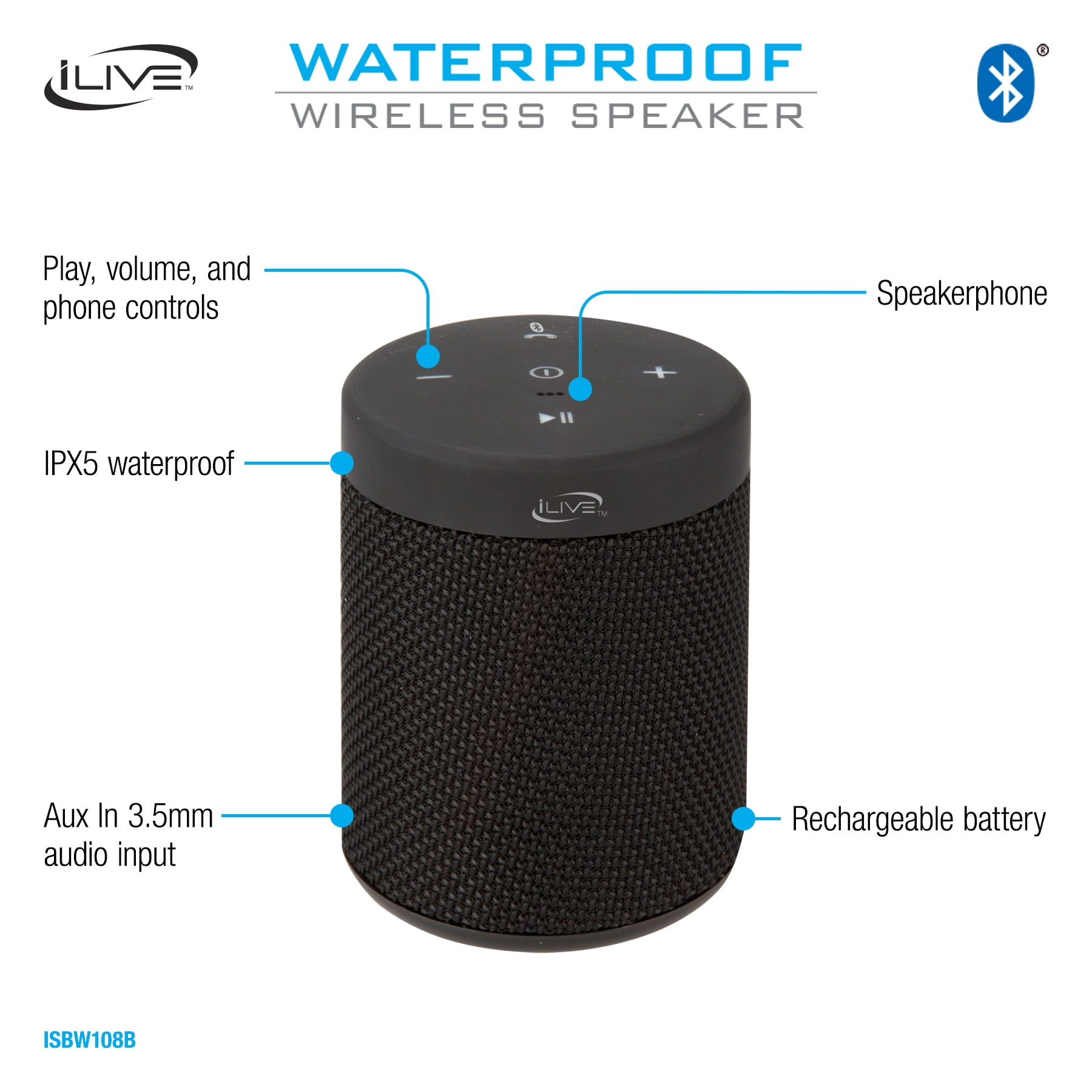 iLive Black Waterproof Bluetooth Speaker