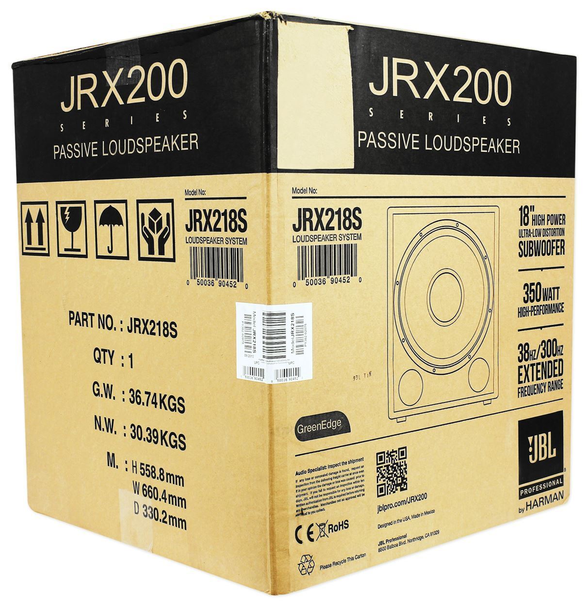 JBL Pro JRX218S 1,400 Watt 18" Inch Compact Passive Subwoofer DJ Sub