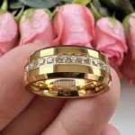 Gold Tungsten Couple Rings with CZ Stone Inlay