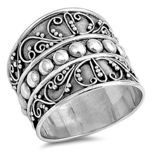 Bali Bead Wide Sterling Silver Fashion Ring Size 7