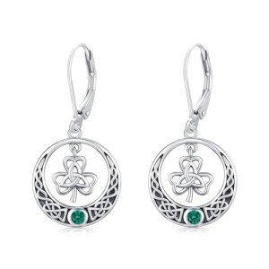 Lucky Clover Silver Dangle Earrings with Green Zirconia