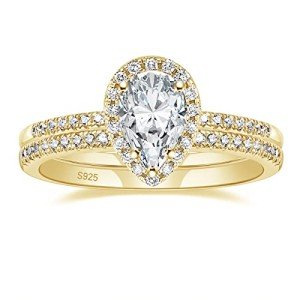 Elegant 1.5CT Sterling Silver Gold Teardrop Ring Set