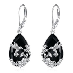 Sterling Silver Hummingbird Dangle Earrings with Black Tourmaline