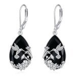 Sterling Silver Hummingbird Dangle Earrings with Black Tourmaline