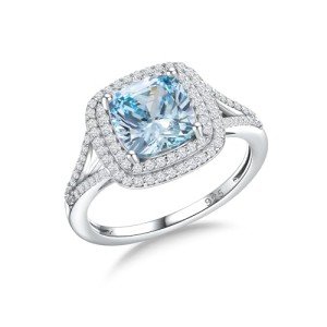 Halo Aquamarine Ring in 925 Sterling Silver