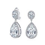 Teardrop CZ Halo Dangle Clip-On Earrings for Women
