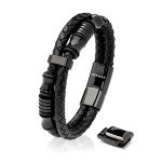Men's Black Leather Braided Bracelet with Gift Box