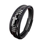 Men's Black Braided Leather Cross Bracelet
