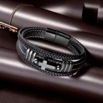 Men's Black Braided Leather Cross Bracelet