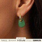 Elegant Gold Hoop Drop Earrings with Green Stone