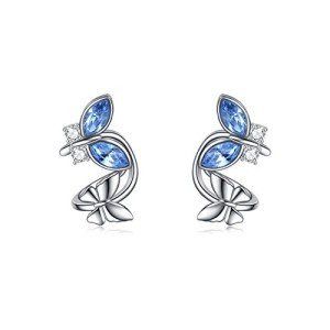 Sterling Silver Butterfly Cuff Earrings with Blue Crystals