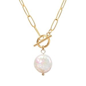 Gold Toggle Paperclip Necklace with Freshwater Pearls