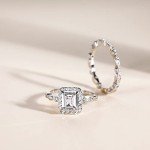 Elegant 2CT Sterling Silver Emerald Cut Ring Set