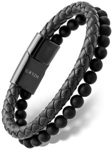 Men's Black Leather & Onyx Beaded Bracelet