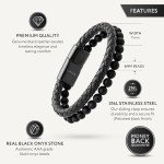 Men's Black Leather & Onyx Beaded Bracelet