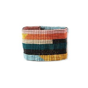 Bohemian Pink Peacock Stripe Beaded Cuff Bracelet