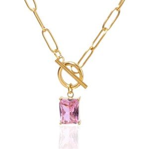 Pink Crystal Pendant Necklace - 18K Gold Plated