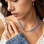 Aquamarine Beaded Choker Necklace with Gold Bow