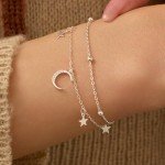 Dainty Silver Moon Star Link Bracelet for Women