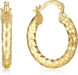 14K Gold Hand-Engraved Diamond-Cut Hoop Earrings