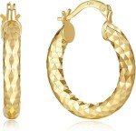14K Gold Hand-Engraved Diamond-Cut Hoop Earrings