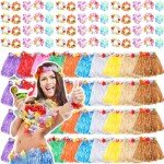 Hawaiian Grass Skirt & Hibiscus Wristband Set